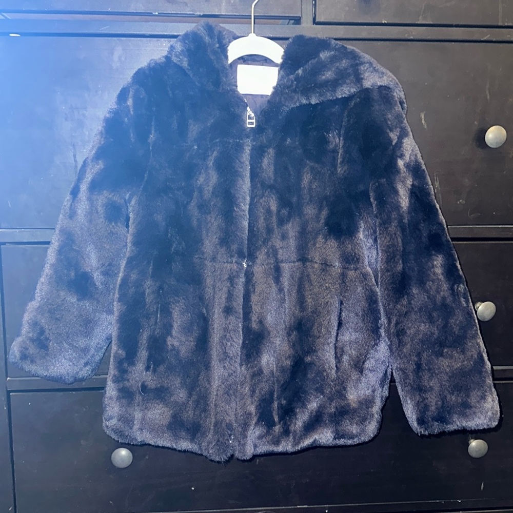 Zara Kids Faux Fur Jacket Navy Blue Full Zipper Hood Lined Super Soft Size 8